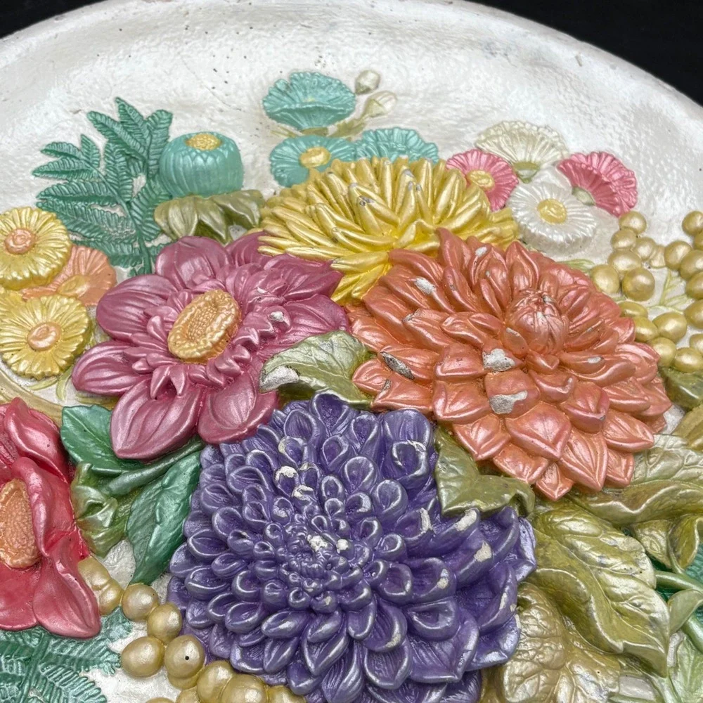 Vtg 3D Chalkware Floral Wall Plaque Dahlias Botanical Decor Cottagecore